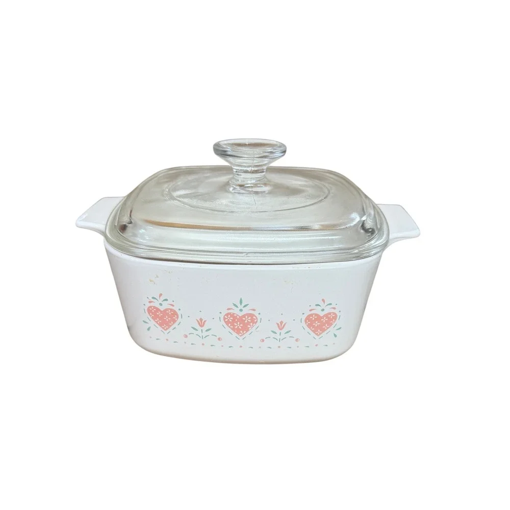 Vintage Corning Ware Abundance Casserole Dish‎ with Lid Pink Heart Floral Square